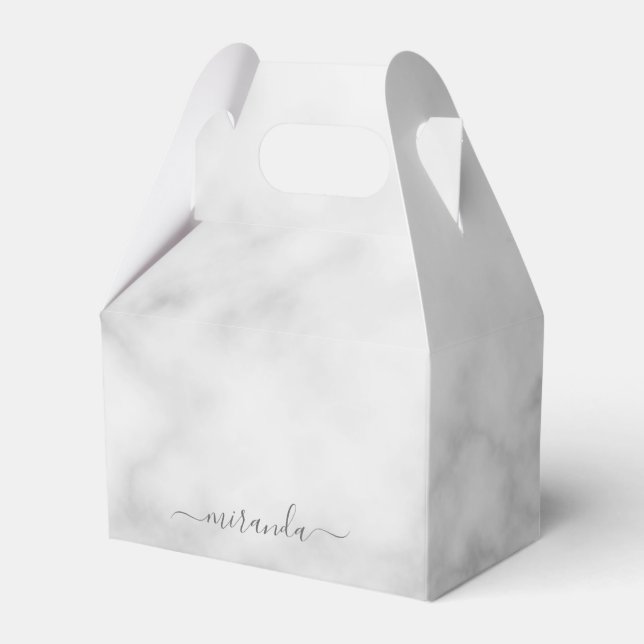 Modern Script Personalized Name White Marble Favor Boxes (Front Side)