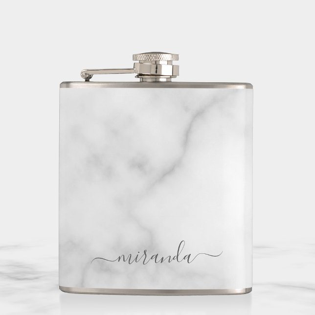 Modern Script Personalized Name White Marble Flask (Creator Uploaded)