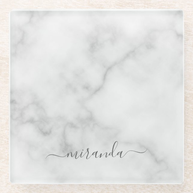 Modern Script Personalized Name White Marble Glass Coaster (Front)