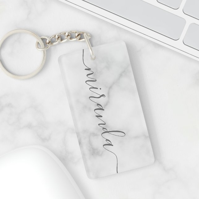 Modern Script Personalized Name White Marble Keychain (Creator Uploaded)