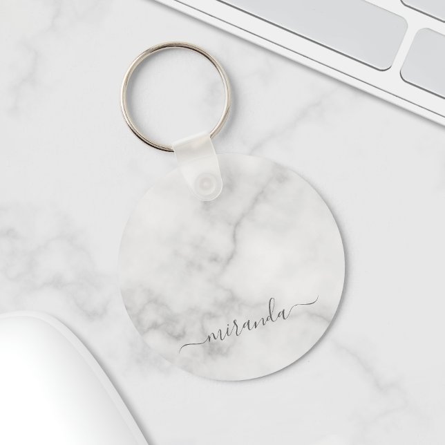Modern Script Personalized Name White Marble Keychain (Creator Uploaded)