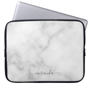 Modern Script Personalized Name White Marble Laptop Sleeve