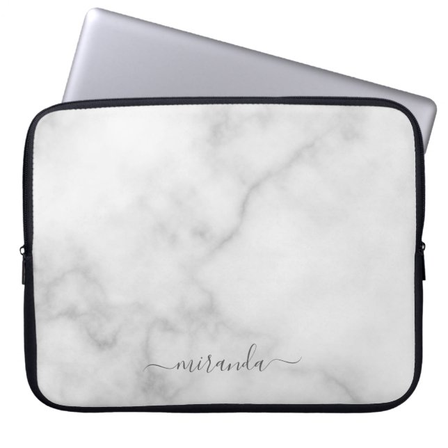 Modern Script Personalized Name White Marble Laptop Sleeve (Front)