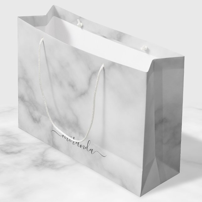 Modern Script Personalized Name White Marble Large Gift Bag (Creator Uploaded)