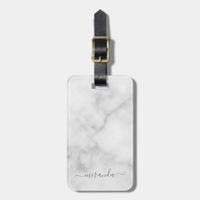 Modern Script Personalized Name White Marble Luggage Tag (Front Vertical)