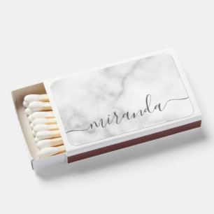 Modern Script Personalized Name White Marble Matchboxes