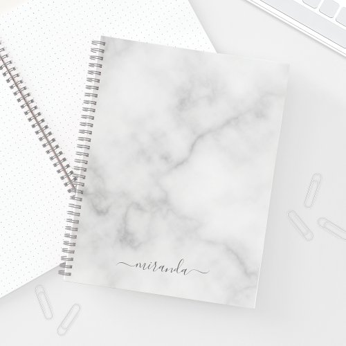 Modern Script Personalized Name White Marble Notebook