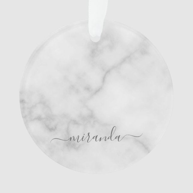 Modern Script Personalized Name White Marble Ornament (Front)