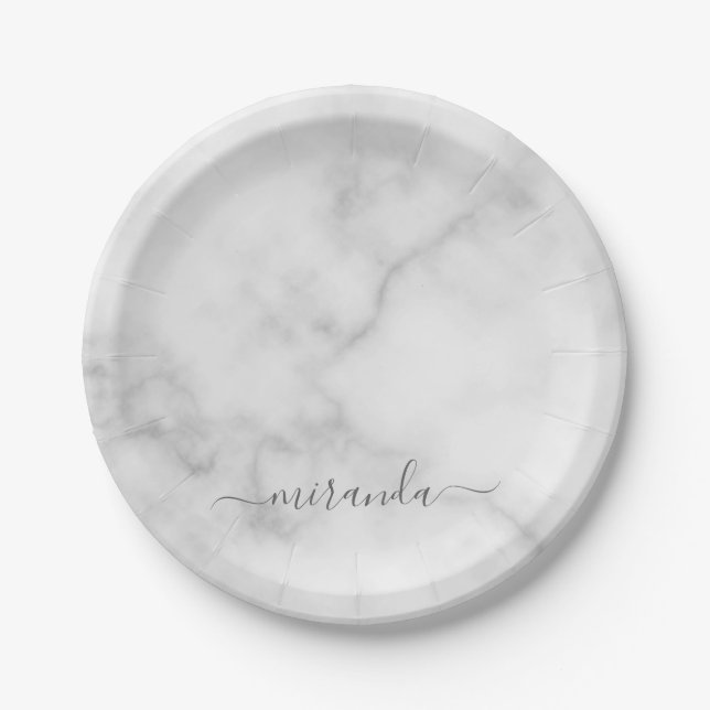 Modern Script Personalized Name White Marble Paper Plates (Front)