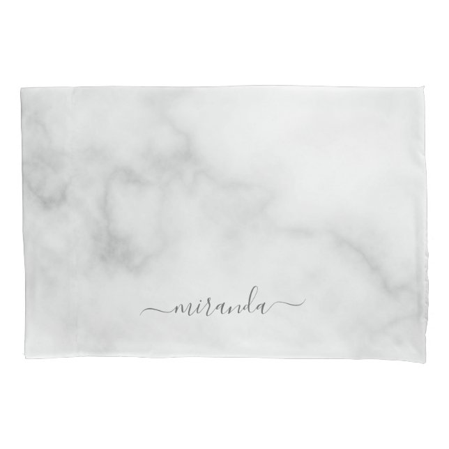 Modern Script Personalized Name White Marble Pillow Case (Front)