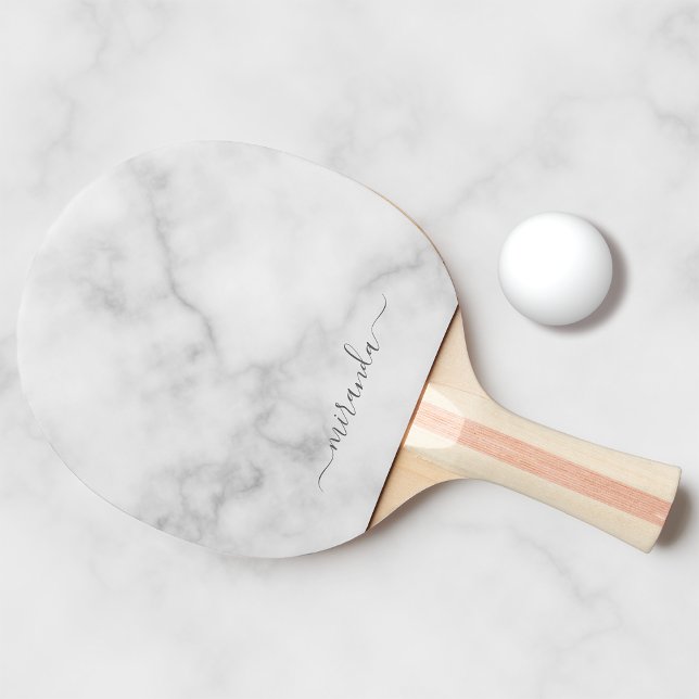 Modern Script Personalized Name White Marble Ping Pong Paddle (Creator Uploaded)