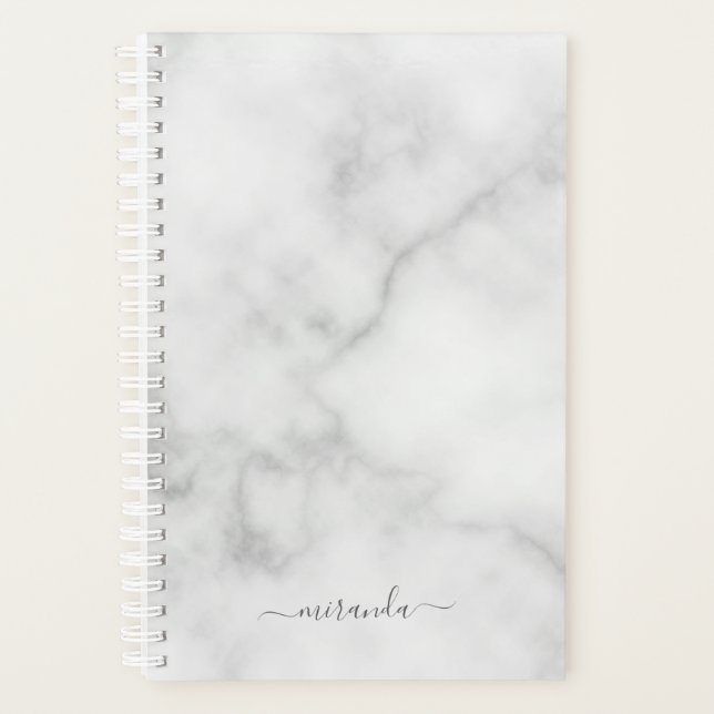 Modern Script Personalized Name White Marble Planner (Front)
