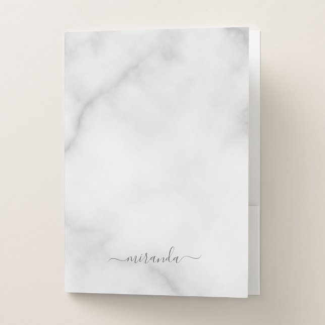 Modern Script Personalized Name White Marble Pocket Folder (Front)