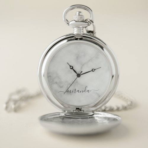 Modern Script Personalized Name White Marble Pocket Watch