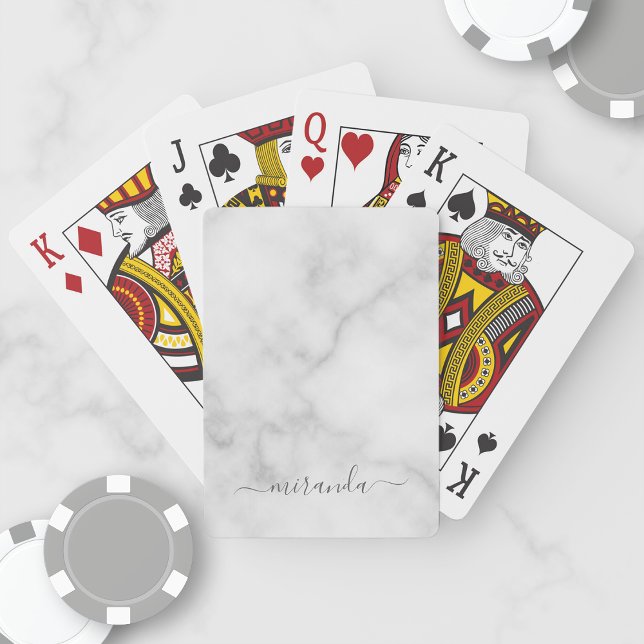 Modern Script Personalized Name White Marble Poker Cards (Creator Uploaded)