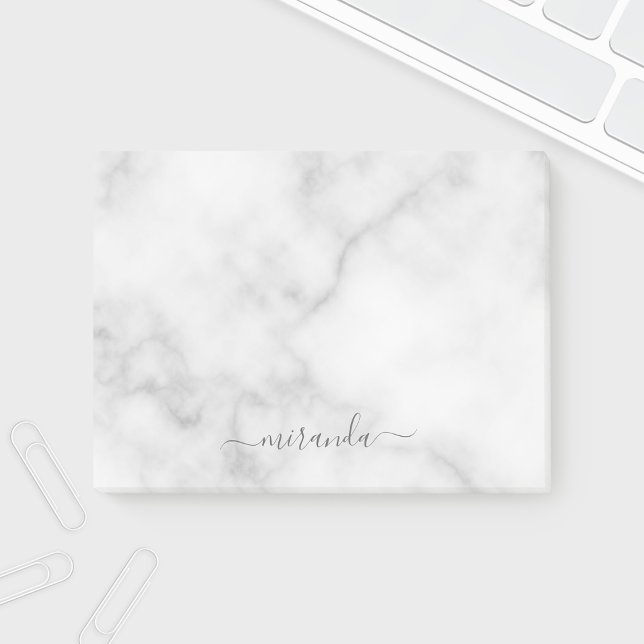 Modern Script Personalized Name White Marble Post-it Notes (Creator Uploaded)