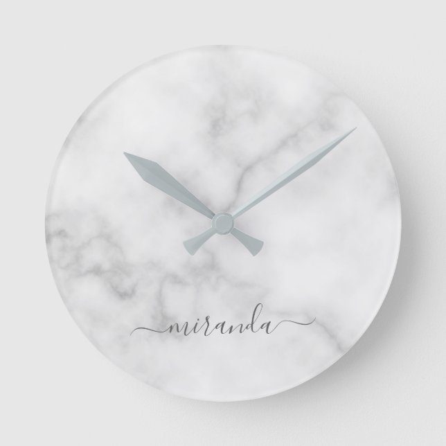 Modern Script Personalized Name White Marble Round Clock (Front)