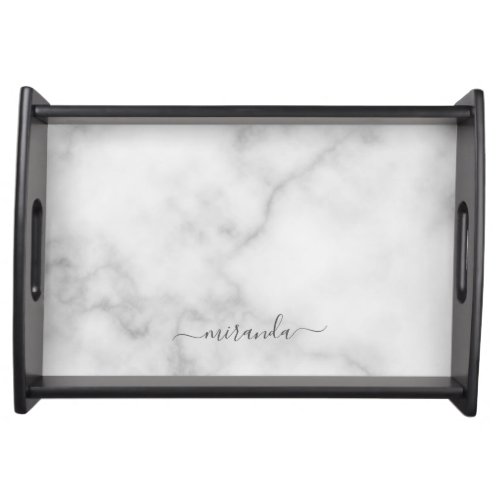 Modern Script Personalized Name White Marble Serving Tray