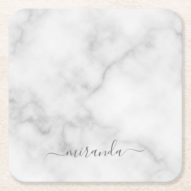 Modern Script Personalized Name White Marble Square Paper Coaster (Front)