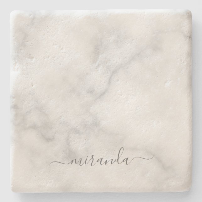 Modern Script Personalized Name White Marble Stone Coaster (Front)