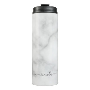 Modern Script Personalized Name White Marble Thermal Tumbler