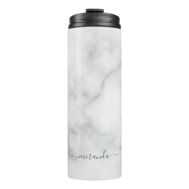 Modern Script Personalized Name White Marble Thermal Tumbler (Front)