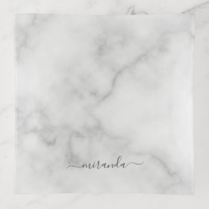 Modern Script Personalized Name White Marble Trinket Tray