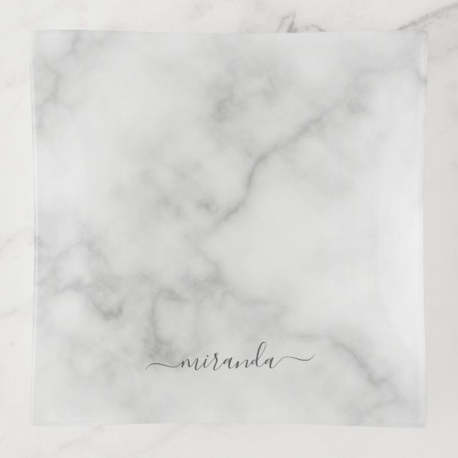 Modern Script Personalized Name White Marble Trinket Tray (Front)