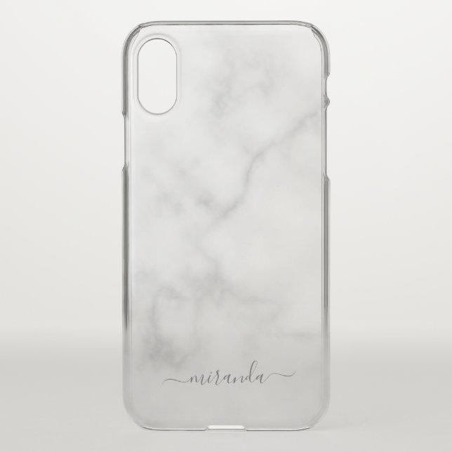 Modern Script Personalized Name White Marble Uncommon iPhone Case (Back)