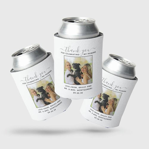 Modern Script Personalized Pet Wedding Photo Can Cooler