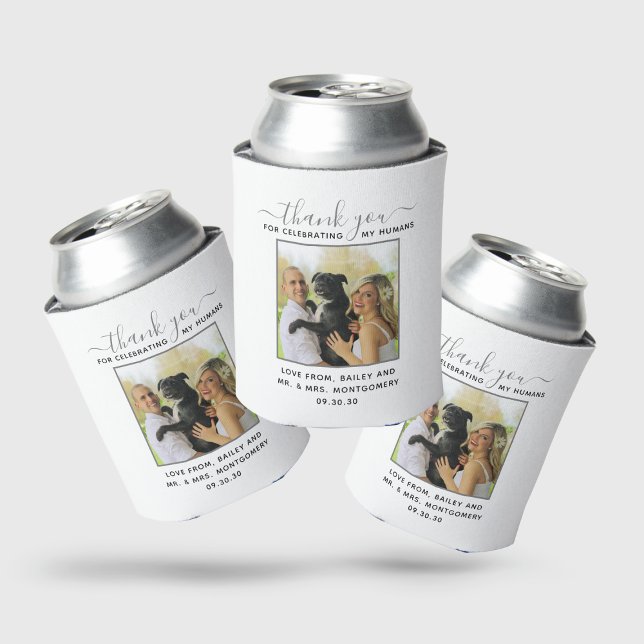 Modern Script Personalized Pet Wedding Photo Can Cooler (Creator Uploaded)