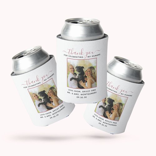 Modern Script Personalized Pet Wedding Photo Can Cooler