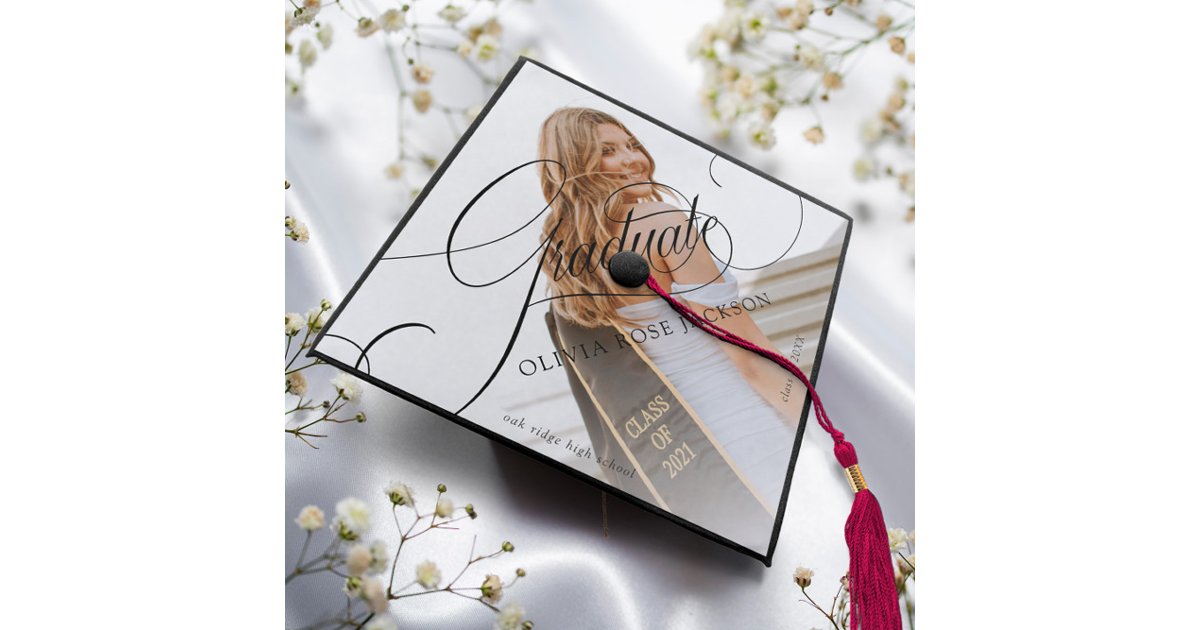 Modern Script Personalized Photo Graduation Cap Topper | Zazzle