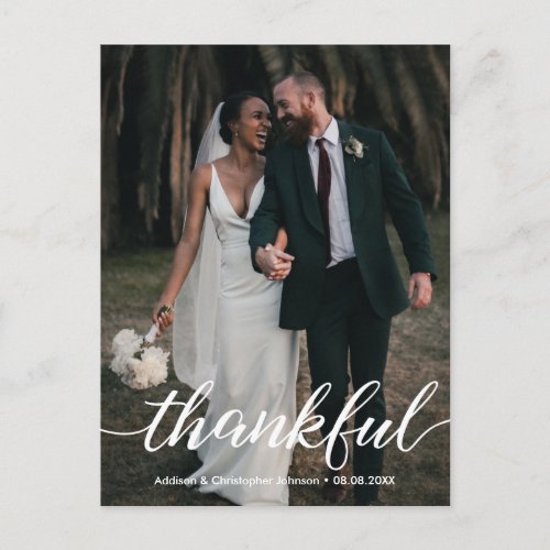 Modern Script Personalized Thankful Wedding Photo Announcement Postcard