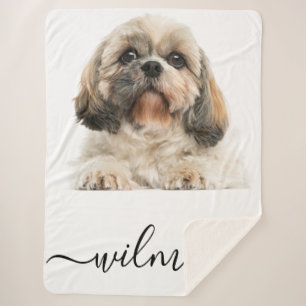 Modern Script Pet Dog Photo Monogram Sherpa Blanket