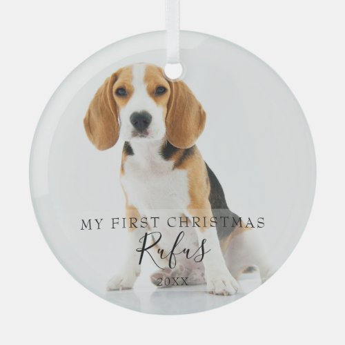 Modern Script Pet Name My First Christmas Photo Glass Ornament