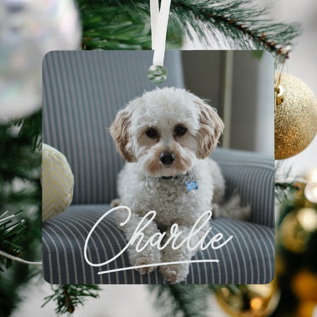 Modern Script Pet Photo Christmas Metal Ornament (Creator Uploaded)