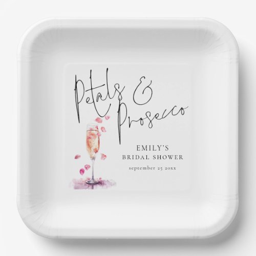 Modern Script Petals and Prosecco Bridal Shower Paper Plates