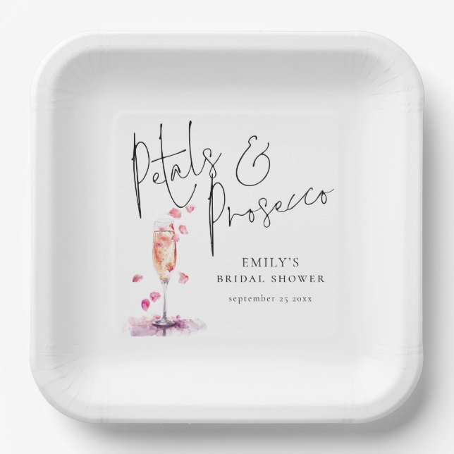 Modern Script Petals and Prosecco Bridal Shower Paper Plates (Front)