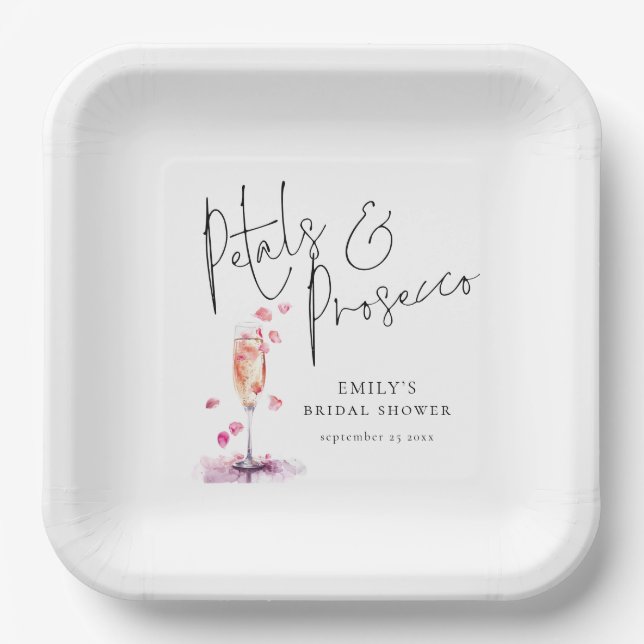 Modern Script Petals and Prosecco Bridal Shower Paper Plates (Front)
