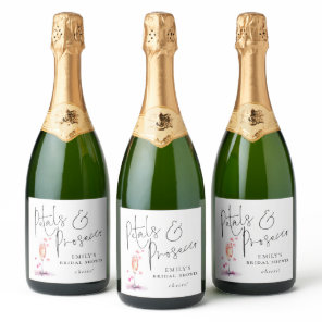 Modern Script Petals Prosecco Cheers Bridal Shower Sparkling Wine Label