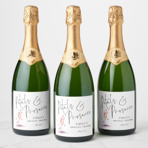 Modern Script Petals Prosecco Cheers Bridal Shower Sparkling Wine Label