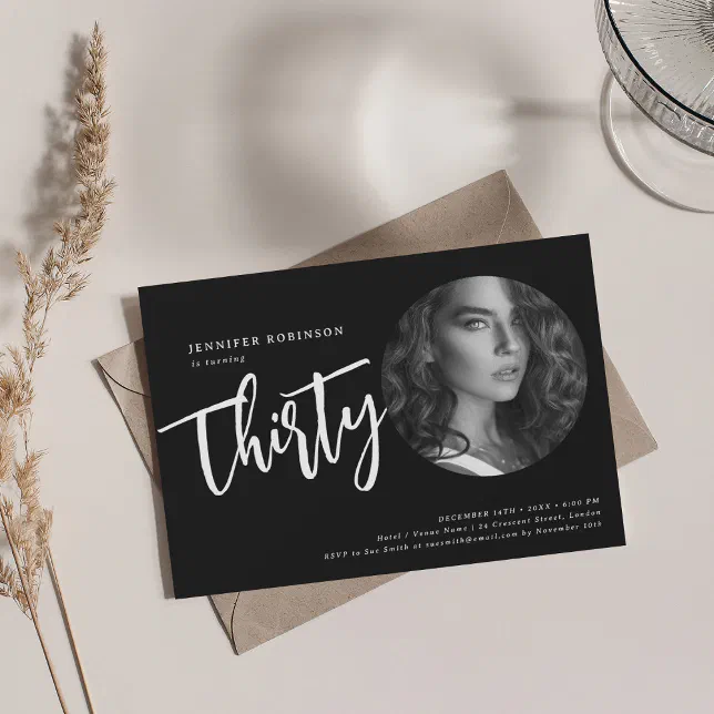 Modern Script Photo 30th Birthday Party Black Invitation | Zazzle