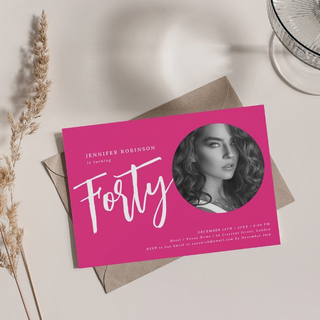 Modern Script Photo 40th Birthday Party Hot Pink  Invitation (Modern Script Photo 40th Birthday Party Hot Pink Invitation)