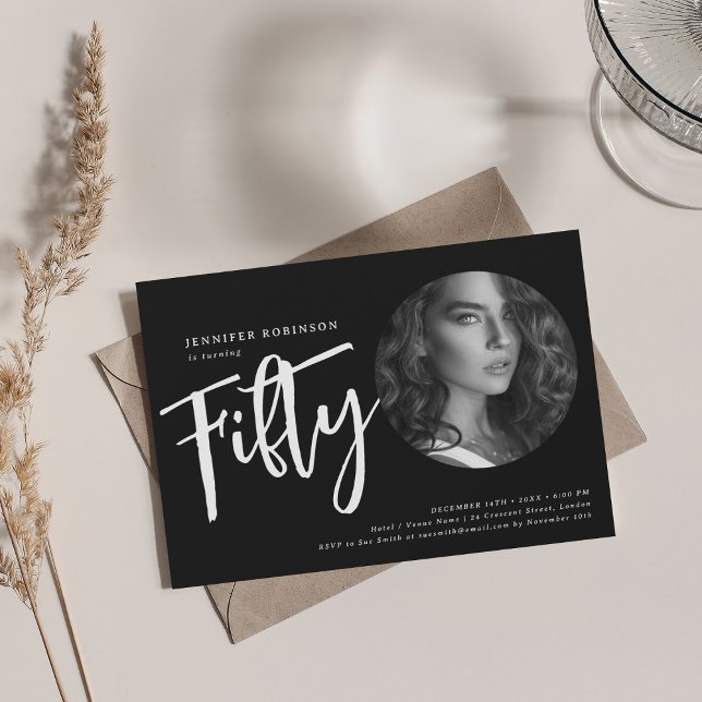 Modern Script Photo 50th Birthday Party Black  Invitation (Modern Script Photo 50th Birthday Party Black Invitation)
