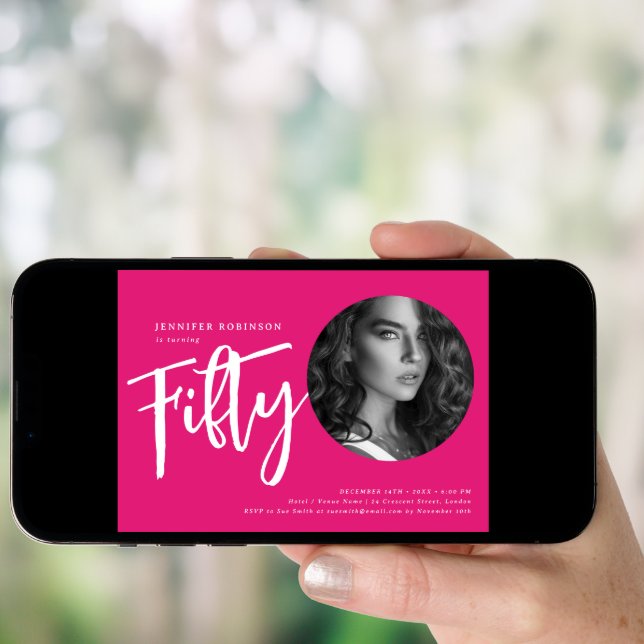 Modern Script Photo 50th Birthday Party Hot Pink  Invitation (Front Digital)