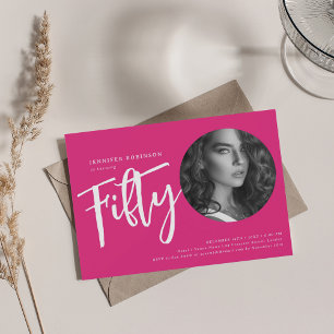 Modern Script Photo 50th Birthday Party Hot Pink Invitation