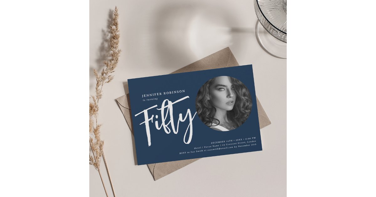 Modern Script Photo 50th Birthday Party Navy Blue Invitation | Zazzle