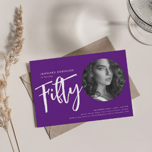 Modern Script Photo 50th Birthday Party Purple Invitation