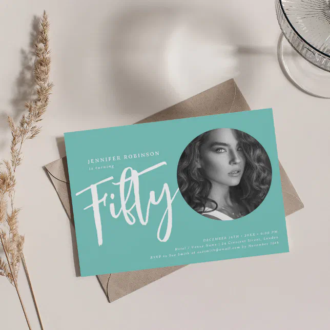 Modern Script Photo 50th Birthday Party Teal Invitation | Zazzle